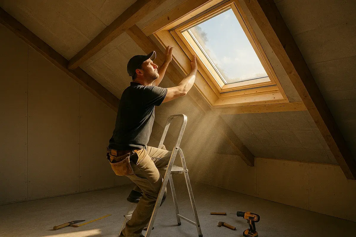 Pose d'un Velux dans des combles - lumi&egrave;re naturelle